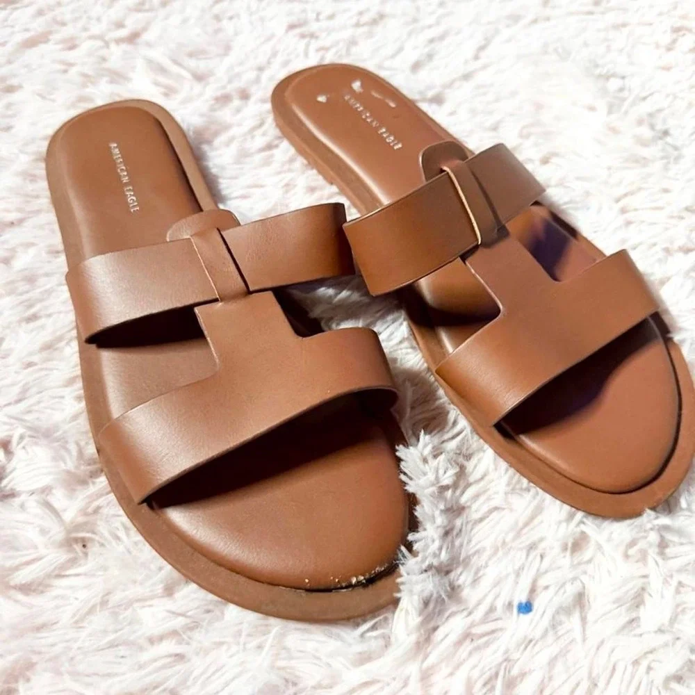 American Eagle Faux Leather Minimalist Boho Slip On Flat Sandals Womens 9 Indie